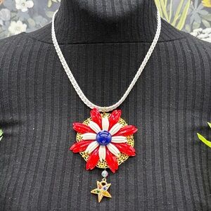 👑Adorned Crown Jewelry assemblage red white blue enamel flower Star necklace